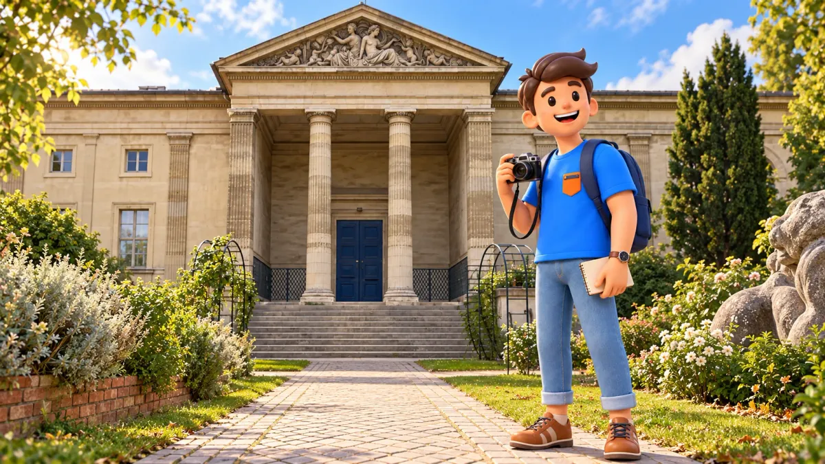 Le voyageur RoadMe avec un appareil photo devant le portique de la galerie de Géologie et de Minéralogie