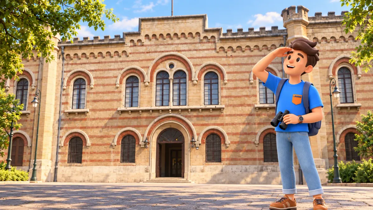 Illustration of a traveller with binoculars studying the facade of Verona’s Austrian Arsenal