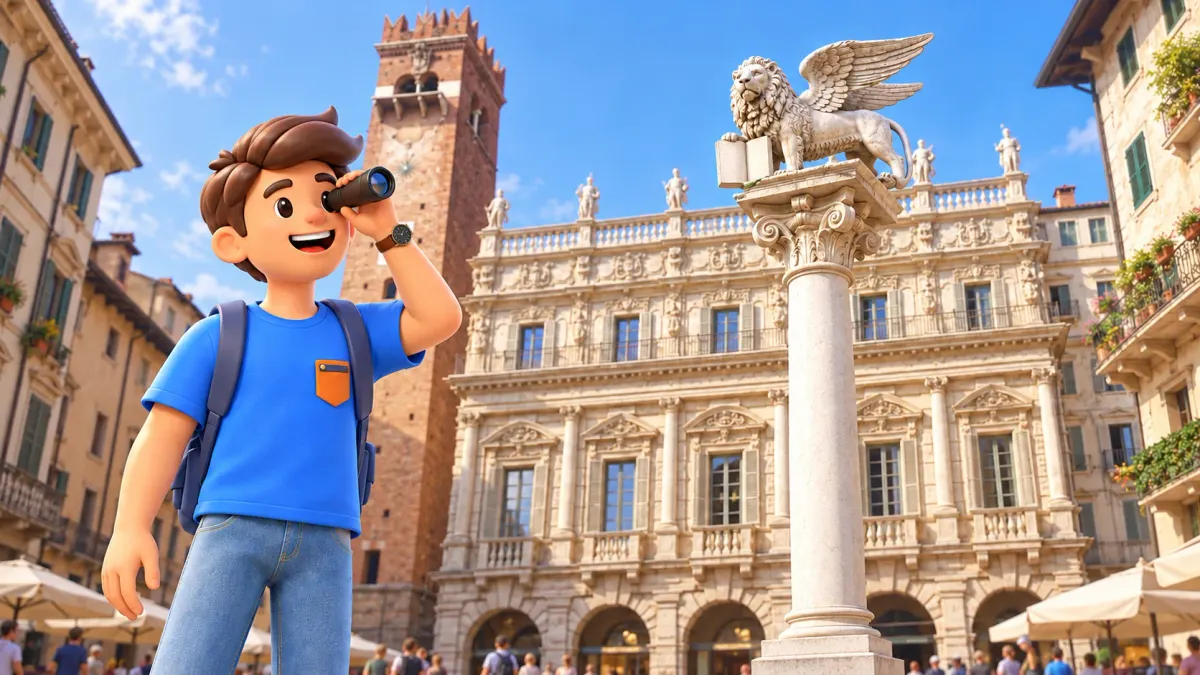 Illustration: Ein Reisender betrachtet den Markuslöwen auf der Piazza Erbe durch ein Monokular.