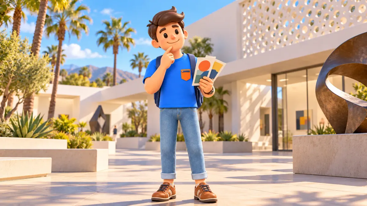Voyageur choisissant un musée avec deux brochures dans une cour imaginaire ; illustration.