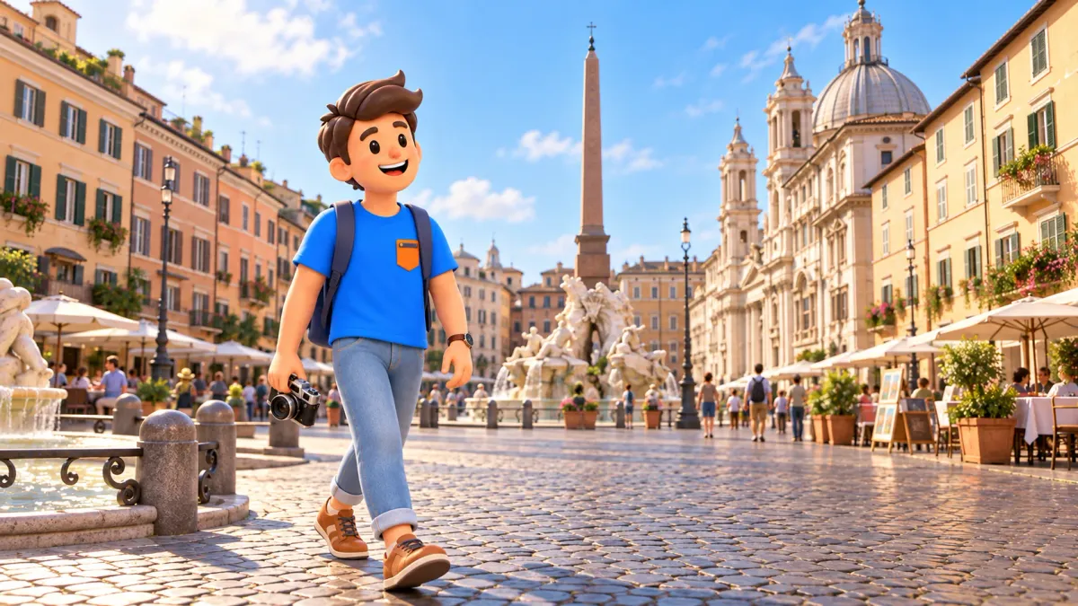 Ein Reisender mit Kamera geht über die Piazza Navona
