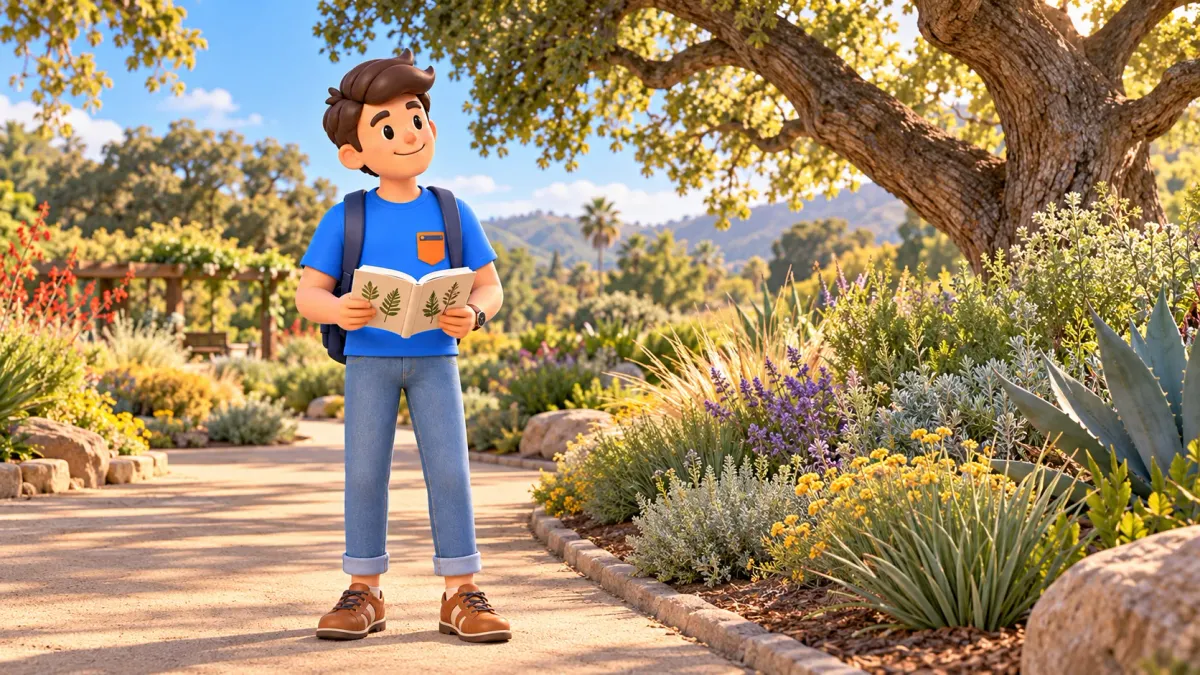 Viajero con guía botánica en un jardín californiano imaginario; ilustración.