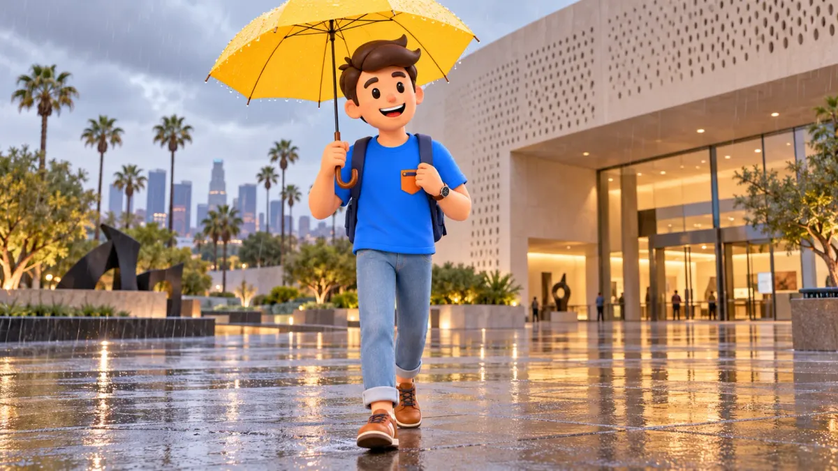 Traveler with a yellow umbrella outside an imaginary museum in rain; illustration.