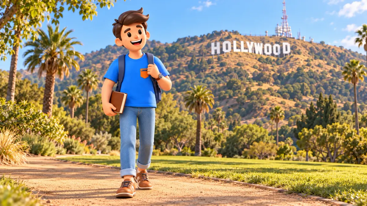 Viajero con libro y letrero Hollywood distante; ilustración estilizada.