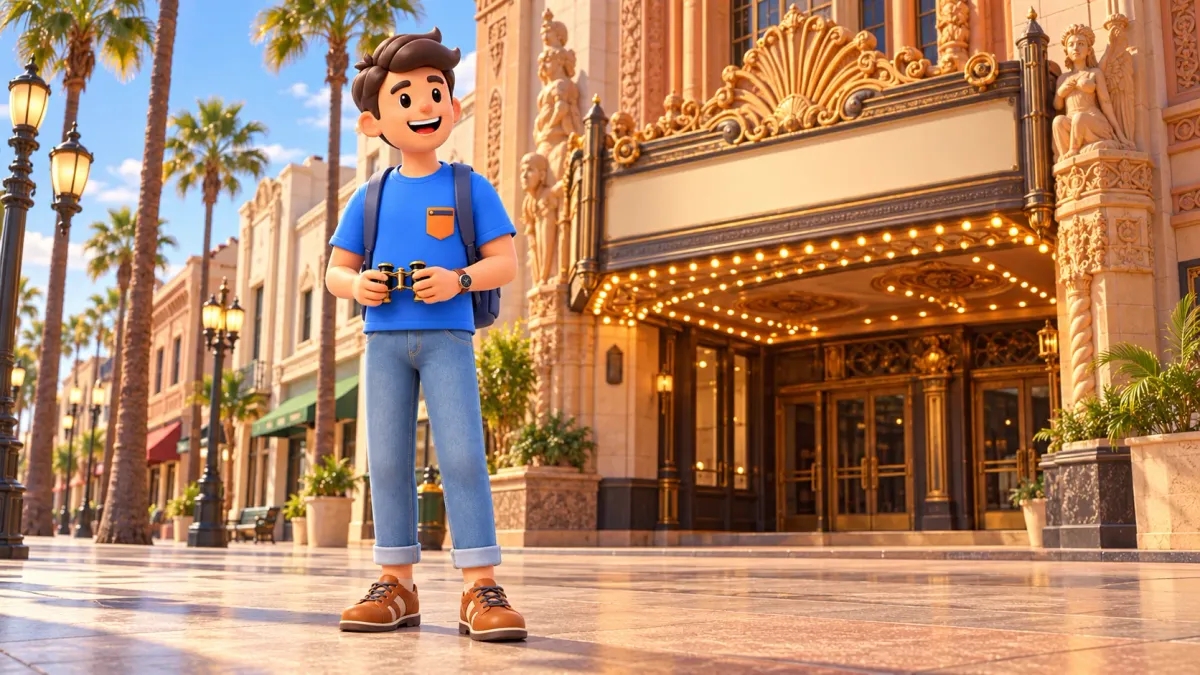 Traveler with opera glasses outside a fictional movie palace; illustration.