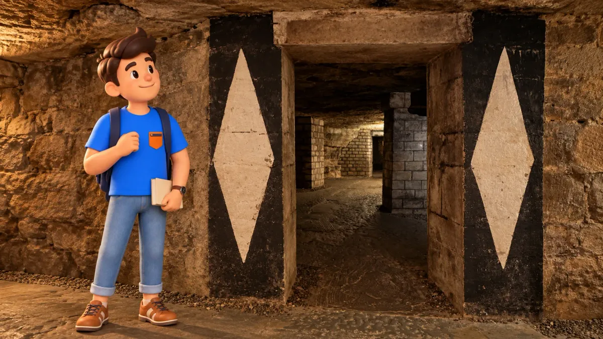 Le voyageur RoadMe avec un livre devant l’entrée en pierre de l’ossuaire des Catacombes de Paris