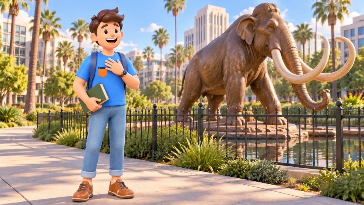 Viajero junto a una escultura ficticia de mamut tras una valla; ilustración.