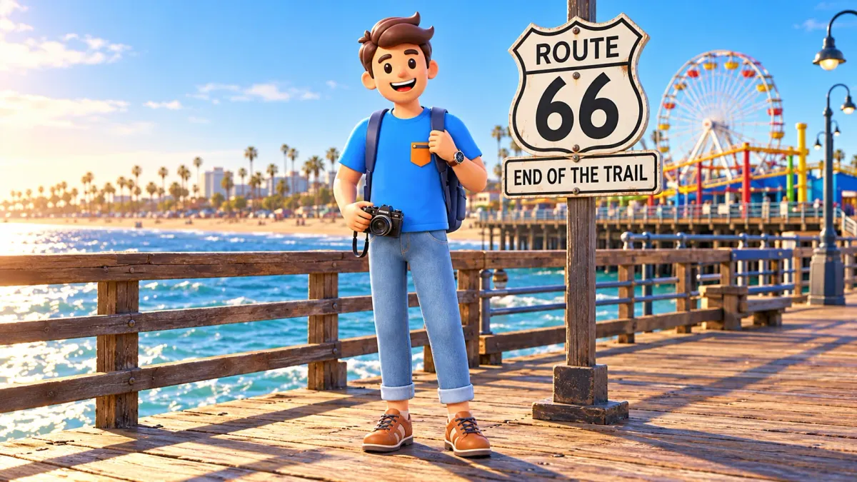 Traveler by an illustrative Route 66 commemorative sign on an ocean pier; not a location diagram.