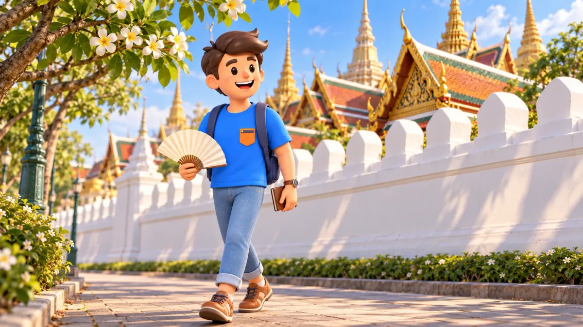 Ein Reisender mit Fächer und Notizbuch geht an einer illustrierten Palastmauer in Bangkok entlang.