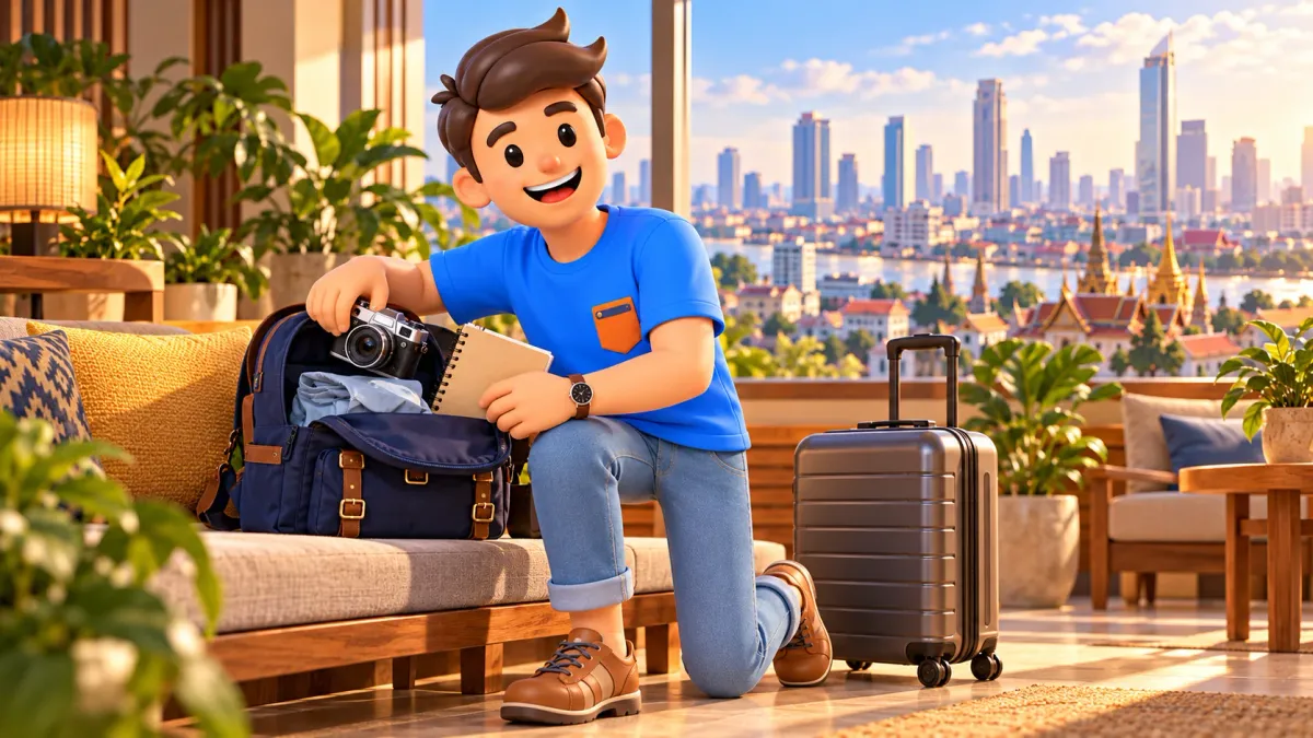 Ein Reisender packt in einer illustrierten Hotellounge seinen Rucksack für drei Bangkok-Tage.
