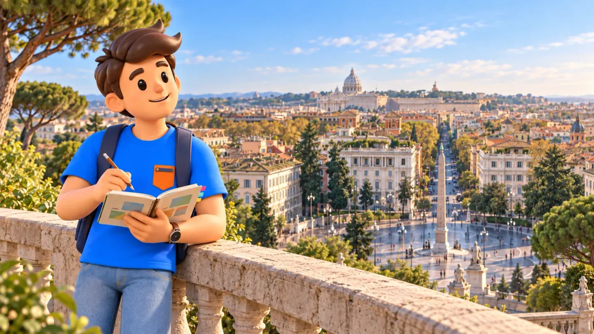 A traveller writes a trip plan above the Rome panorama at Pincio