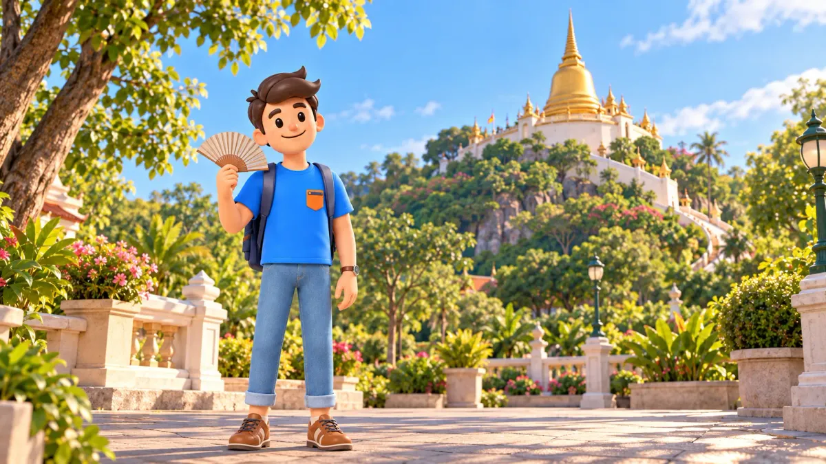Traveller with a hand fan near Bangkok’s Golden Mount, illustration