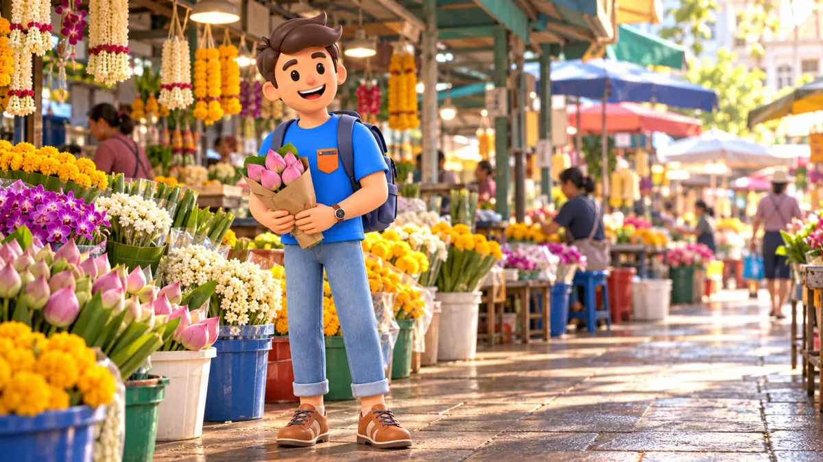 Viajero con capullos de loto en un mercado de flores, ilustración