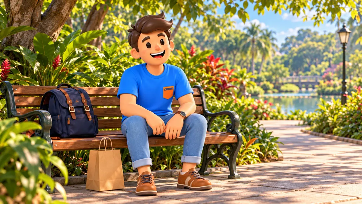 Traveller resting on a park bench beside a backpack and shopping bag