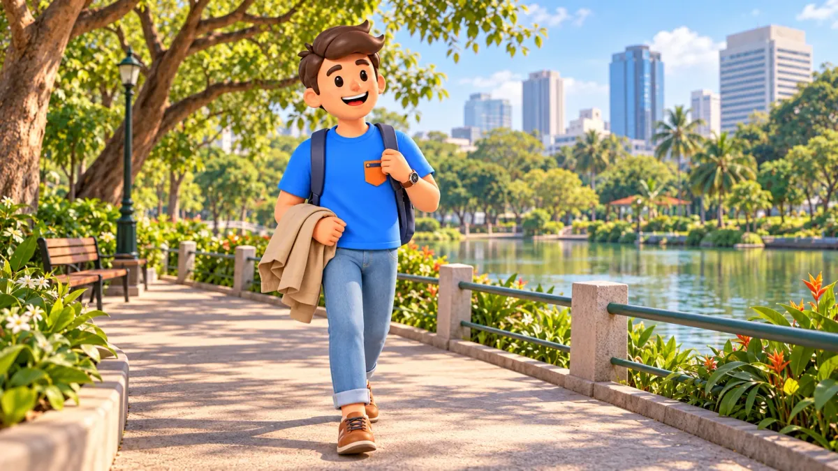 Traveller carrying a jacket on a park path beside a lake and city buildings