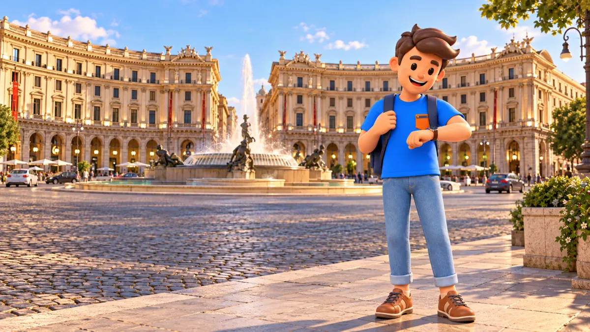 Un voyageur regarde sa montre sur la Piazza della Repubblica à Rome