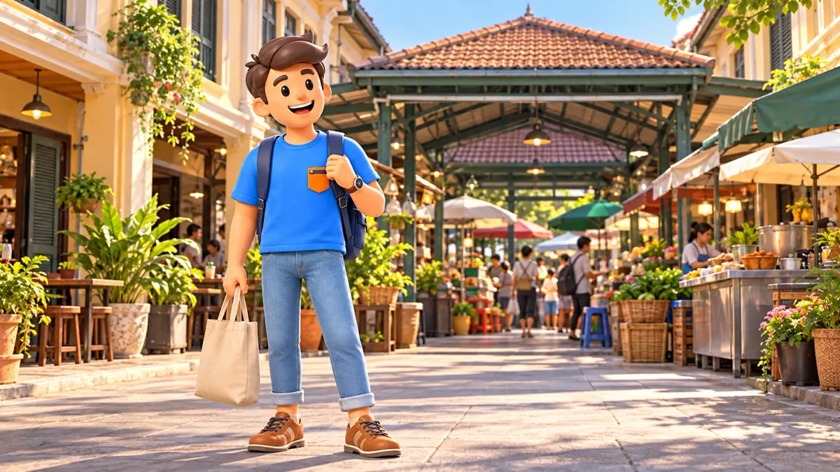 Viajero con bolsa de tela junto a un mercado cubierto y fachadas antiguas