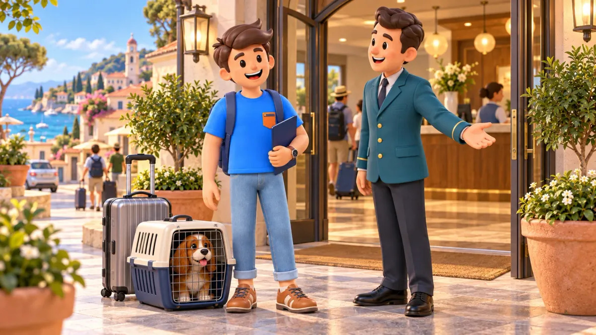 Une personne avec un chien dans son contenant de transport discute des formalités d’arrivée avec le personnel d’un hôtel