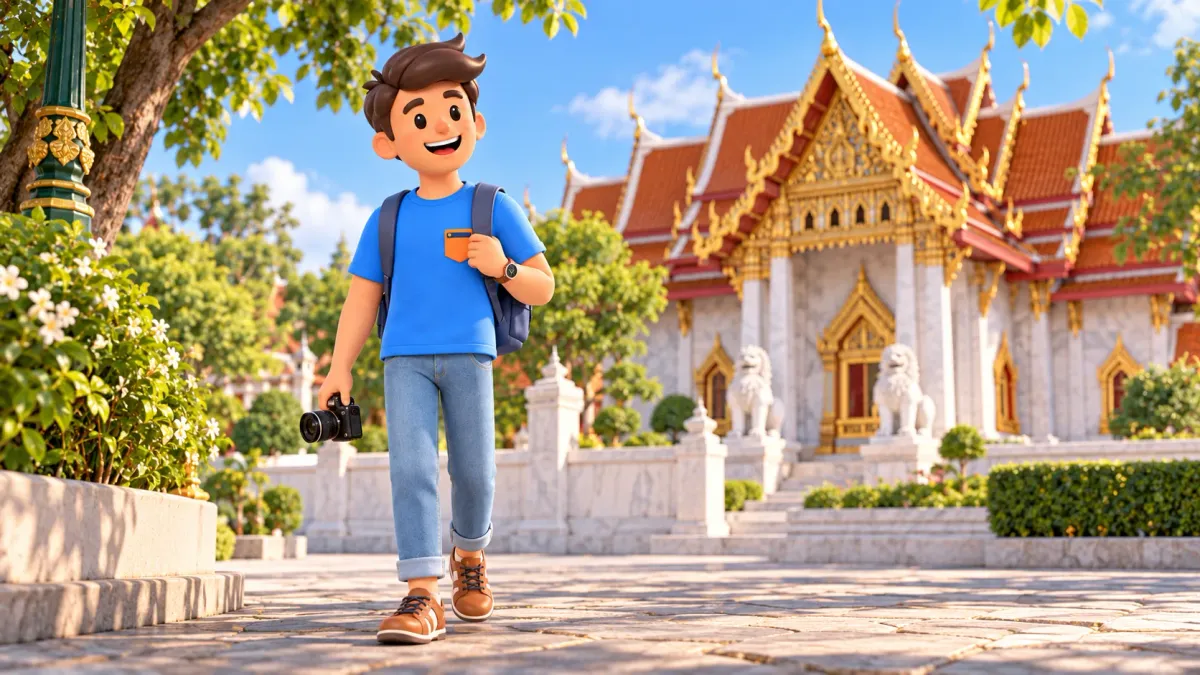 Voyageur avec un appareil photo devant un temple clair au toit rouge
