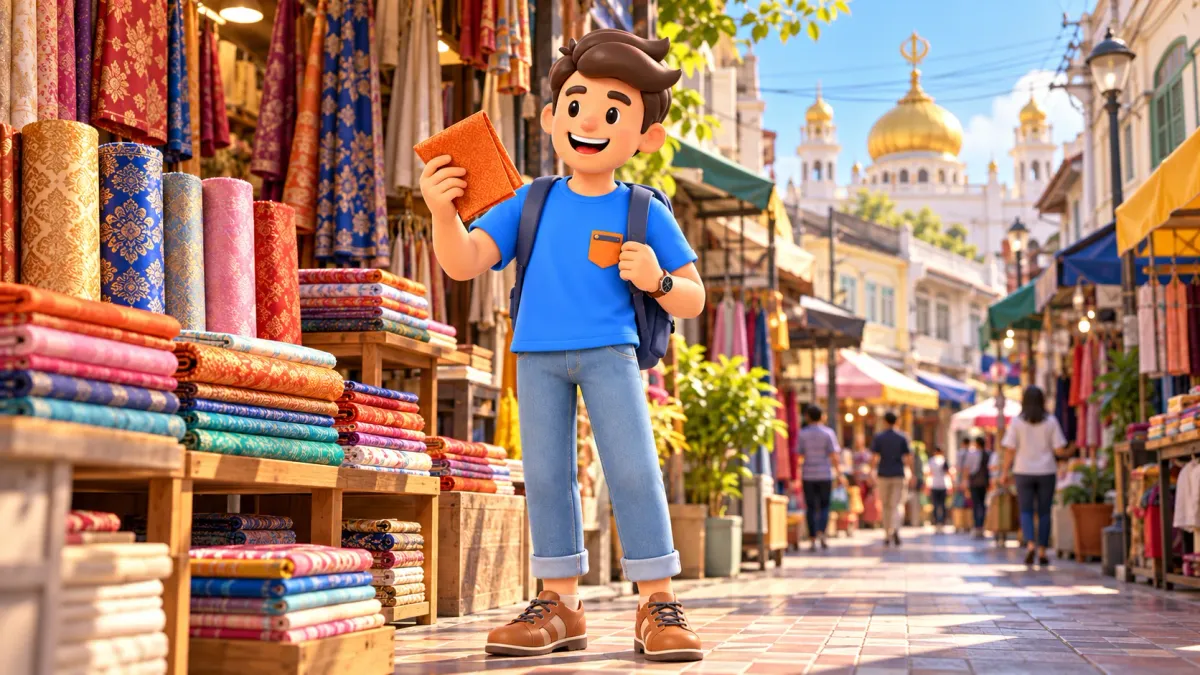 Traveller holding a fabric sample in a shopping lane