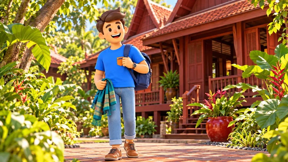 Traveller with a teal scarf outside a Thai wooden house