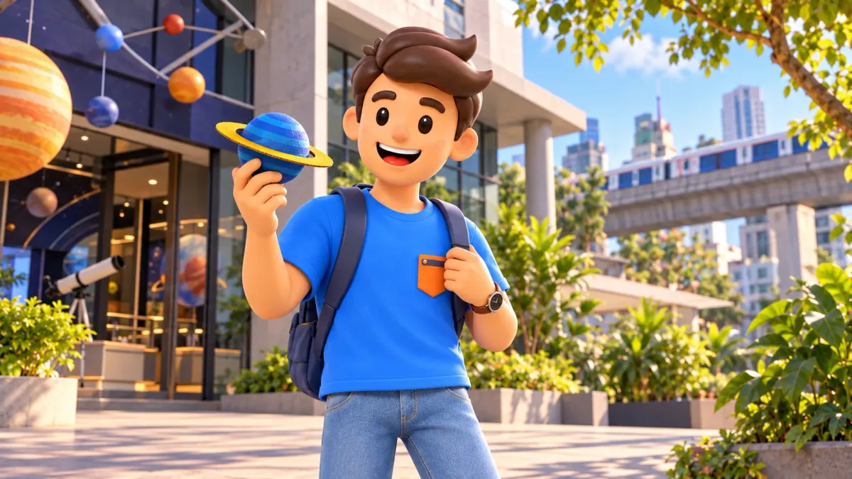 Traveller holding a paper planet model outside a science centre