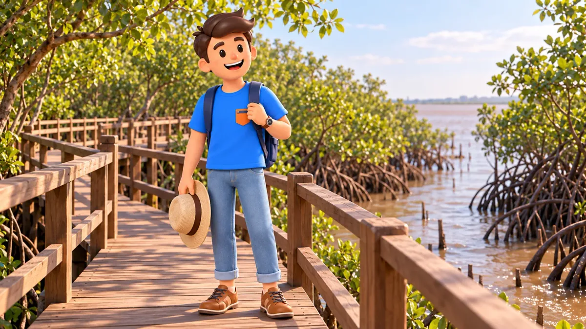 Voyageur avec un chapeau sur une passerelle entre mangroves et eau de marée