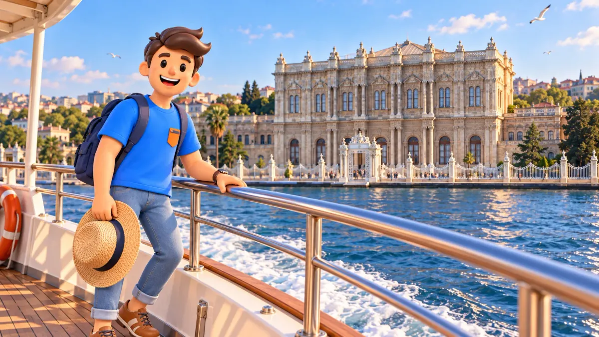 Die RoadMe-Figur mit Strohhut auf einem Boot vor dem Dolmabahçe-Palast
