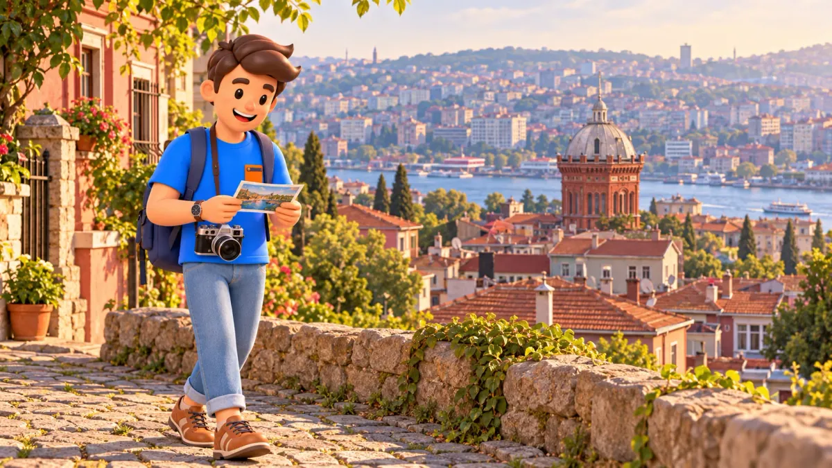 El personaje de RoadMe con una postal en Fener ante la Escuela Roja y el Cuerno de Oro