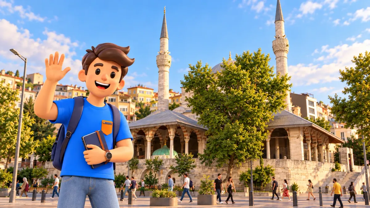 Die RoadMe-Figur winkt mit einem Notizbuch vor der Mihrimah-Sultan-Moschee in Üsküdar