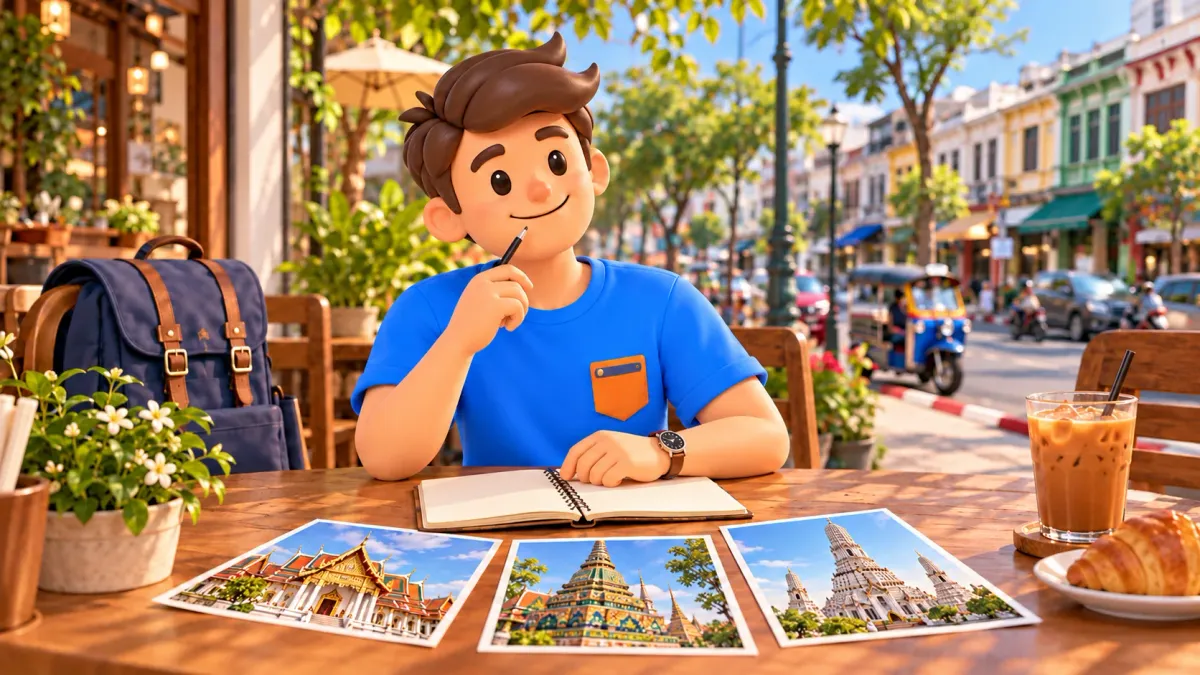 Voyageur choisissant une visite avec trois images d’architecture de temples au café