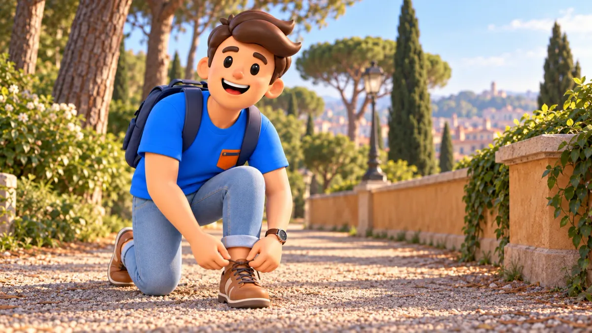 Un voyageur fait ses lacets avant une promenade à Rome
