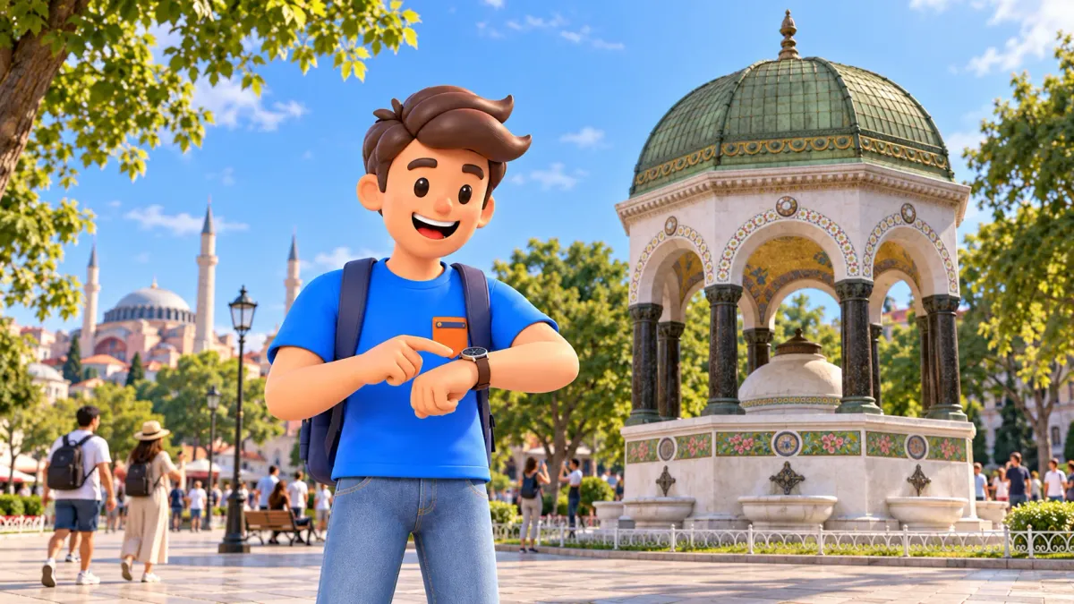 Le personnage RoadMe regarde sa montre près de la fontaine allemande à Sultanahmet