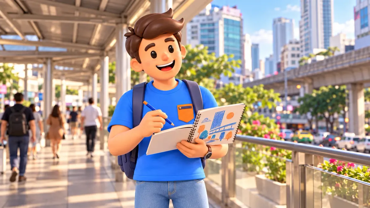 Viajero haciendo su dibujo azul y naranja bajo una cubierta urbana