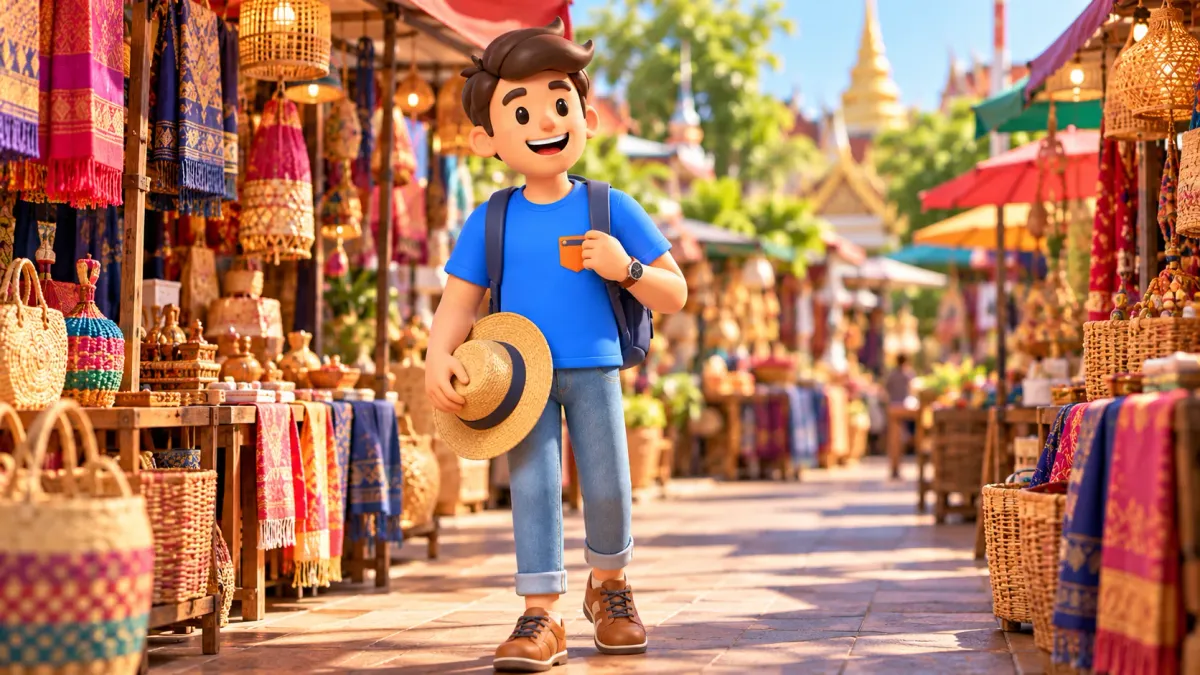 Traveller holding a straw hat at a Bangkok market