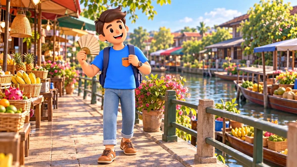 Viajero con abanico en un paseo de mercado junto al canal