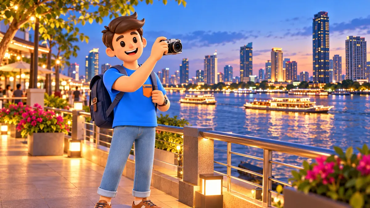 Viajero fotografiando las luces de Bangkok junto al Chao Phraya