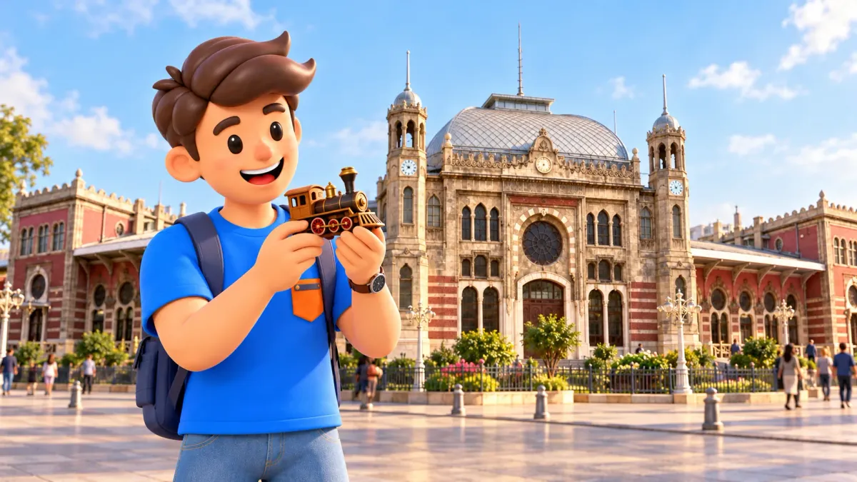 Die RoadMe-Figur mit einer Spielzeuglok vor dem historischen Bahnhof Sirkeci