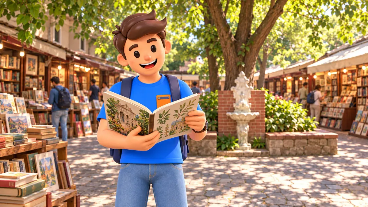Le personnage RoadMe tient un livre ouvert dans le marché aux livres de Sahaflar