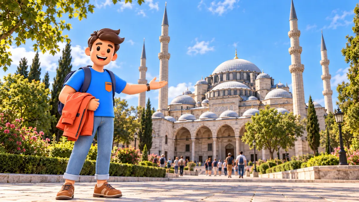 RoadMe character carrying a jacket in front of Süleymaniye
