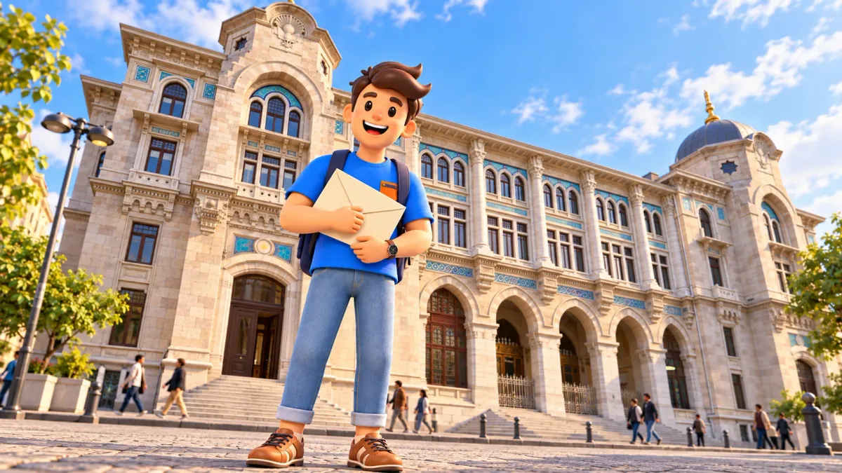 Le personnage RoadMe tient une enveloppe devant la Grande Poste