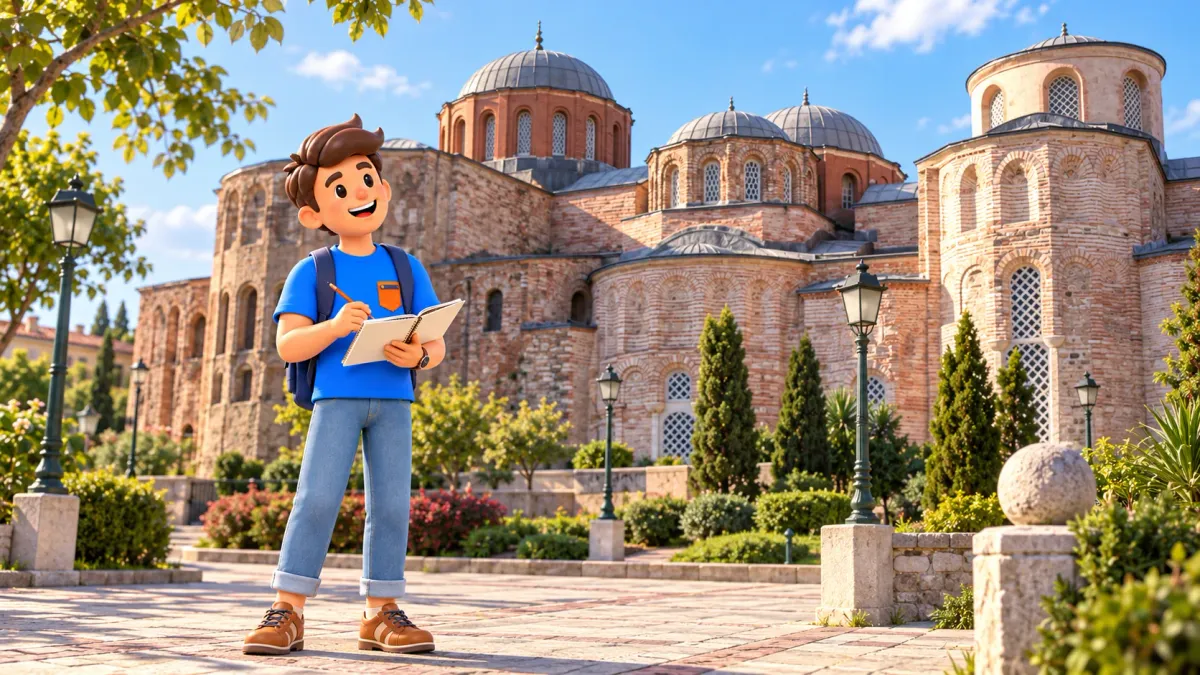 Die RoadMe-Figur mit Skizzenbuch vor der Zeyrek-Moschee