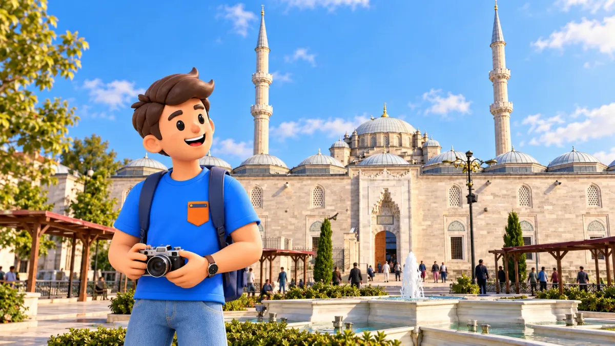 Le personnage RoadMe avec un appareil devant la mosquée Fatih