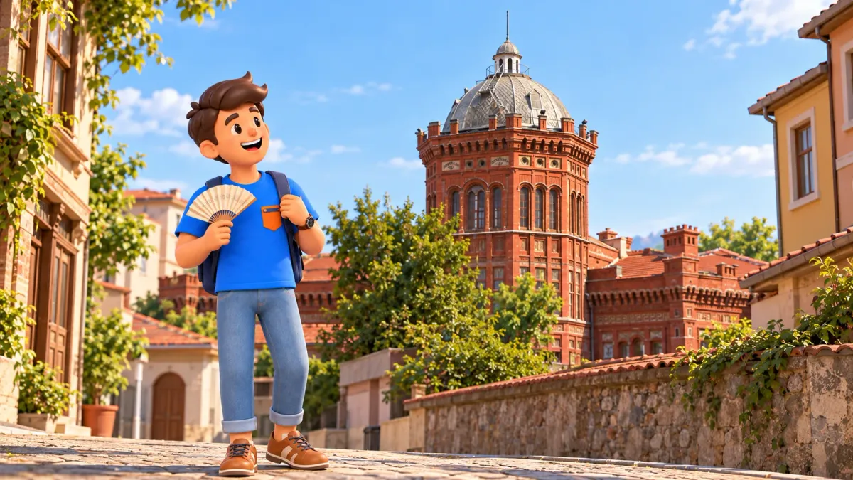El personaje de RoadMe con un abanico ante la torre de la Escuela Roja de Fener
