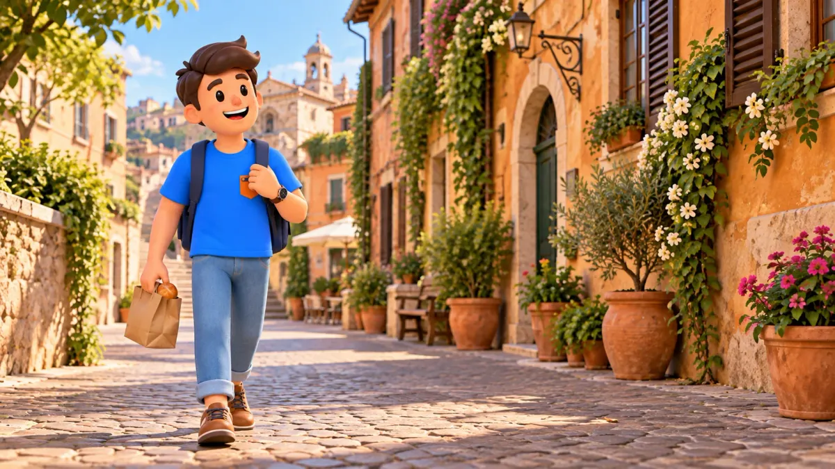 A traveller walks along a Trastevere lane carrying a paper bakery bag