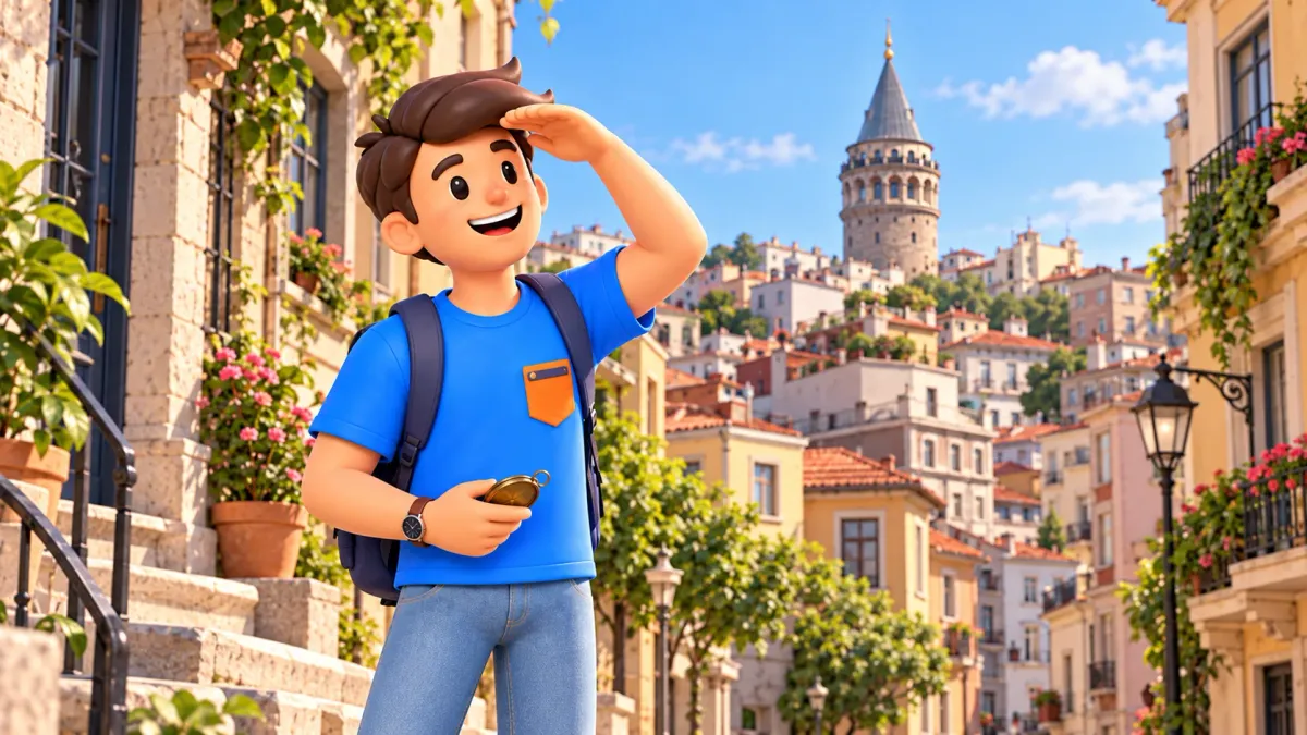 El personaje de RoadMe mira la Torre de Gálata desde una calle