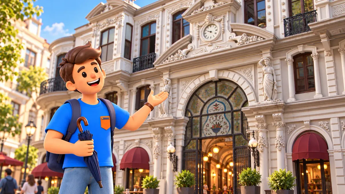 RoadMe character with an umbrella by the ornate Flower Passage facade