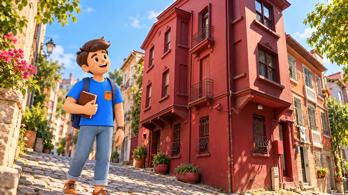 El personaje de RoadMe con un libro ante el Museo de la Inocencia