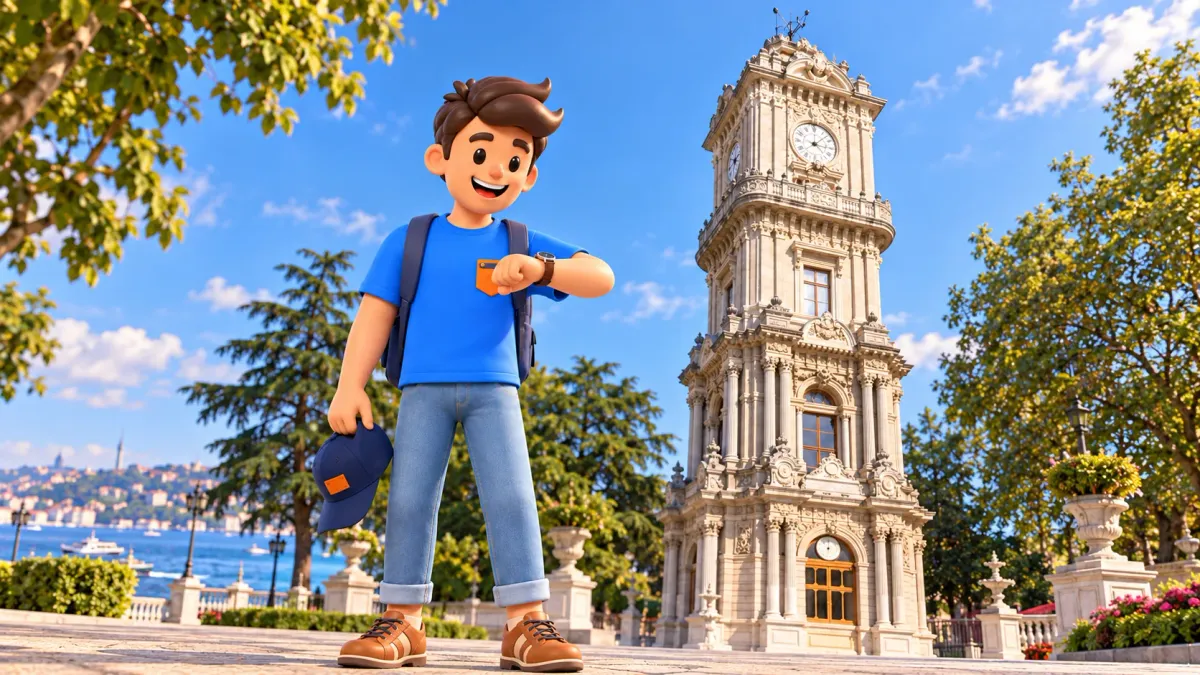 El personaje de RoadMe consulta su reloj junto a la torre de Dolmabahçe