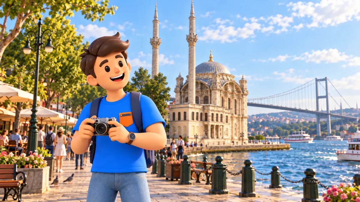 Die RoadMe-Figur mit Kamera vor der Ortaköy-Moschee am Bosporus